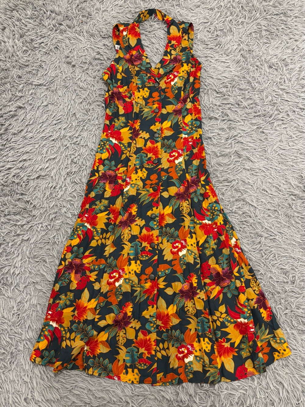 Vintage Betsy Lauren Red Floral Button Front Sleeveless Halter Maxi Dress Sz 7/8